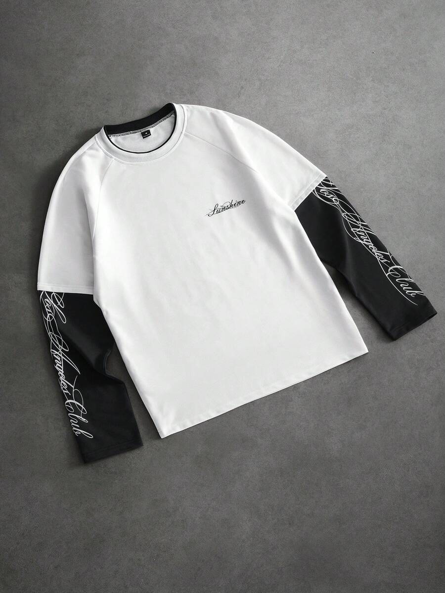 PAVTROS Men's Loose Fit Crew Neck Contrast Color Block Letter Print Long Sleeve T-Shirt,White,Autumn,Streetwear,City Break,Soft Comfortable Fabric,Basic Style - Black and White - View 1