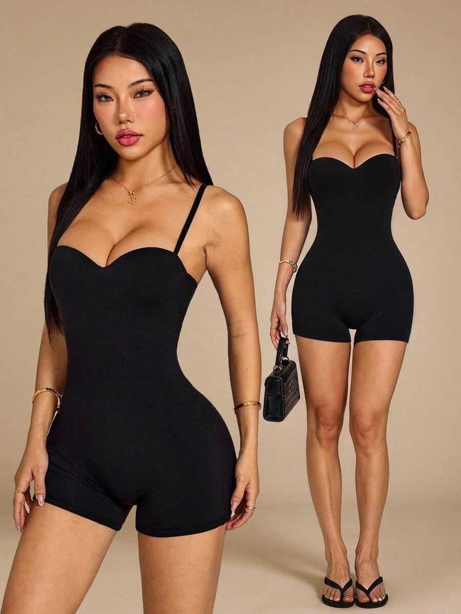 SHEIN PETITE Women's Solid Color Fitted Romper ,Petite Women - Black - View 1
