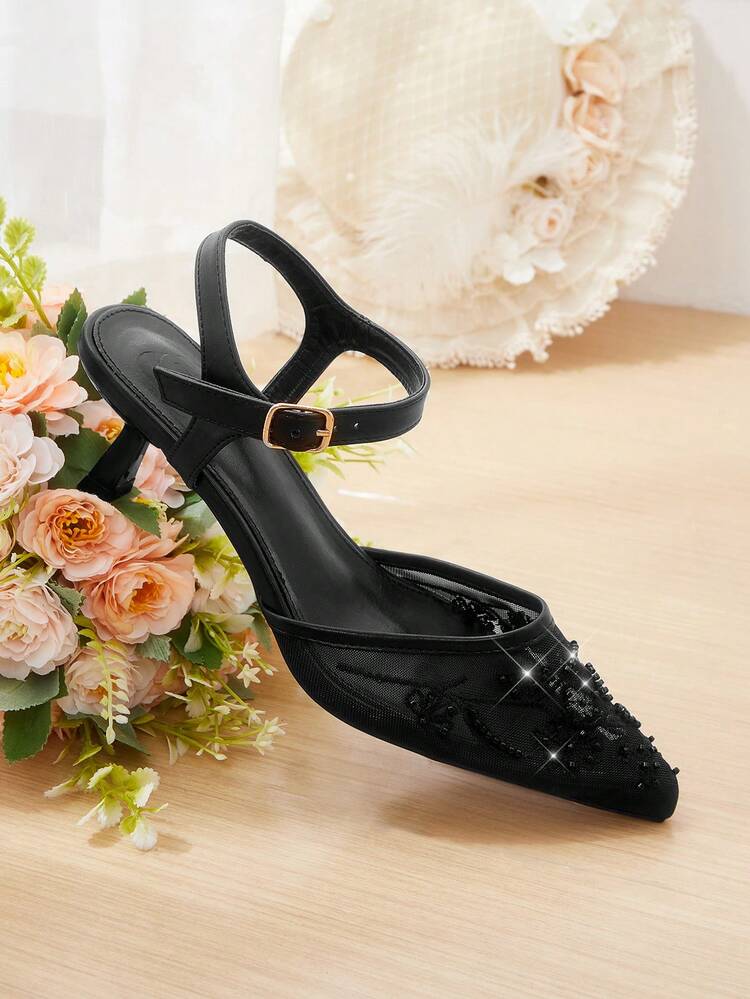 CUCCOO HITCHD Women Shoes Autumn And Spring Beading Embroidery Mesh Splicing One-Word Buckle Strap Pointed Thick Heel, Retro Mesh, Multi-Colored Women's High Heel Sandals Commuting Shopping Dating Banquet Party Holiday Gifts