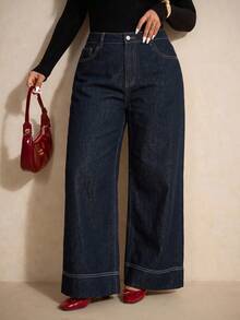 SHEIN PETITE CURVE PETITE CURVE 大码女式高腰深蓝色阔腿牛仔裤，休闲日常及街头风女式牛仔裤 - 深色水洗藍 - 查看 4