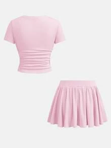 SHEIN Girlism 2件組夏季青少年女孩修身T恤與裙子套裝，新款粉色素色短袖T恤與防走光裙子套裝，百搭日常通勤、優雅、派對、家庭聚會、畢業、度假穿搭 - 粉色 - 查看 3