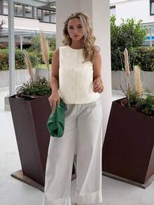 Jeta Ari 1 Stück Sommer Leinen Ärmellos Top, bequem und minimalistisch mit Knopf Dekor, geeignet für Brunch, Ausflüge, Dates, Pendeln, Kreuzfahrten, Damen Bluse - Aprikosenfarben - Übersicht 1