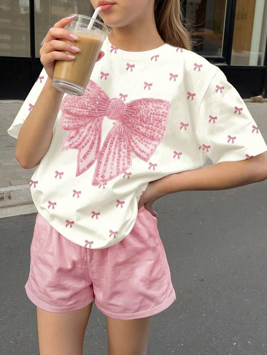 少女可爱芭蕾舞风格蝴蝶结印花休闲宽松圆领短袖T恤和短裤两件套,适合春夏穿着 - 白色 - 查看 1
