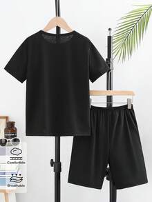 Spring And Summer Tween Boy Casual Fashion Creative Personalized Refreshing Minimalist New York Crown Lightning Bird Graphic Letter Slogan Print Relaxed Basic Black T-Shirt And Black Shorts Set, Comfortable Daily Wear, Suitable For Spring/Summer - Black - View 3