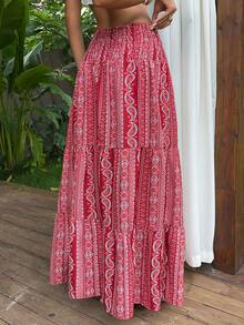 Sunnyshic Summer New Bohemian Casual Red And White Cashew Flower Patchwork Waist Cinched Flared Skirt Slimming Romantic For Vacation Beach - Hot Pink - View 2