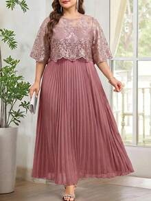Reflora Plus Size Elegant Party Embroidered Mesh Patchwork Dress - Pink - View 3