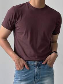 DAZY Men's Summer Solid Color Crew Neck Short Sleeve T-Shirt - Brown - View 3