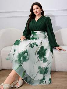 Modelyn 大尺碼女款花卉印花V領時尚約會派對洋裝 - 墨綠色 - 查看 1