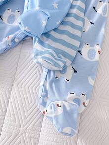 3pcs Newborn Long Sleeve Footie Pajamas Set, Blue Striped Star Elephant Print, Cute & Simple, Comfortable Casual Homewear Suitable For Boys & Girls All Seasons - Blue - View 8