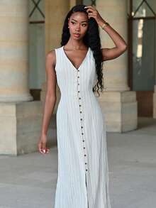 Mima John Women's Dresses Linen Dresses Tie Back Waist Button Placket Striped Dress Vest Dress Boho Holiday Women's Sleeveless Striped Dress Casual Summer - Apricot - View 4