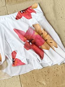 SHEIN 少女花卉印花比基尼3件套，適合海灘度假、夏威夷度假，白色夏季熱帶風，適合少女 - 杏色 - 查看 6