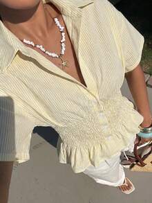 SHEIN EZwear 浅黄色条纹修身梭织女式衬衫 - 淡黃色 - 查看 8