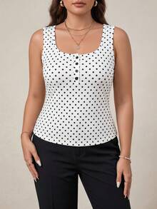 SHEIN BASICS 大尺碼夏季休閒波點印花背心上衣 - 黑與白 - 查看 11