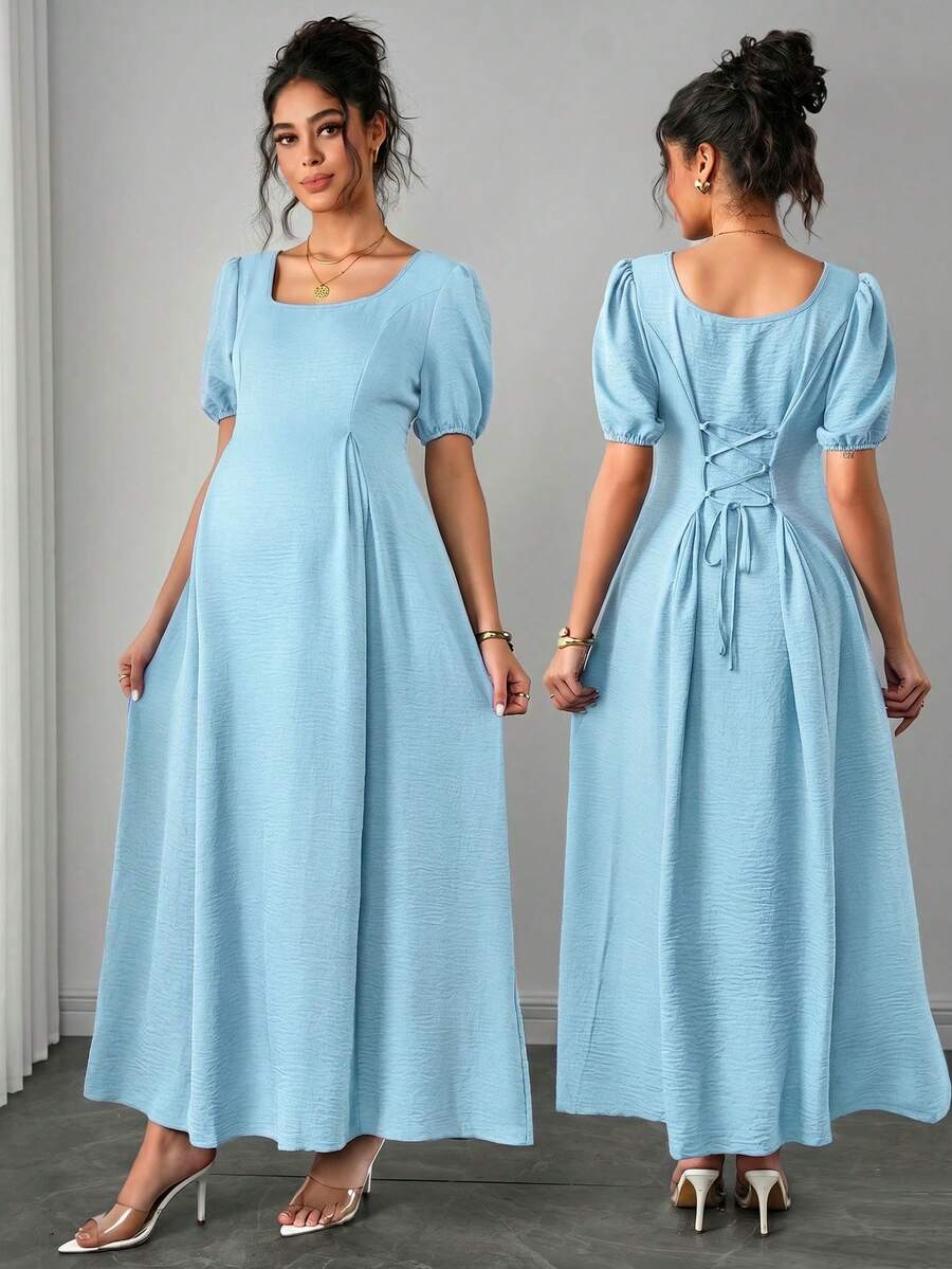 Momance Asymmetric Shoulder Ruched Waist A-Line Elegant Romantic Maternity Dress, Comfortable - Baby Blue - View 1