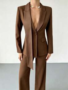 RiviMae Women's Solid Color Lapel NeckLong Sleeve Jacket And Pants Elegant Suit Set - Coffee Brown - View 3