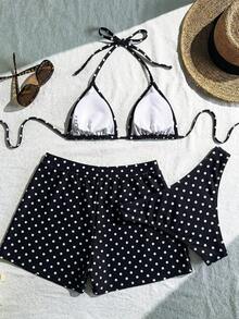 Swim Vcay Ensemble de 3 pièces de maillot de bain sexy avec liens, imprimé populaire de lys et de léopard, haute élasticité, pour la plage et les vacances - Noir - Voir 2