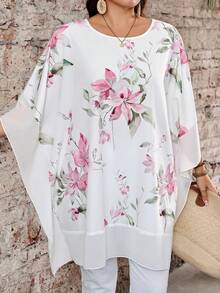 EMERY ROSE Plus Size Women Floral Print Batwing Sleeve Loose Blouse Fall - Multicolor - View 4