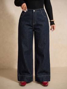 SHEIN PETITE CURVE PETITE CURVE 大码女式高腰深蓝色阔腿牛仔裤，休闲日常及街头风女式牛仔裤 - 深色水洗藍 - 查看 2