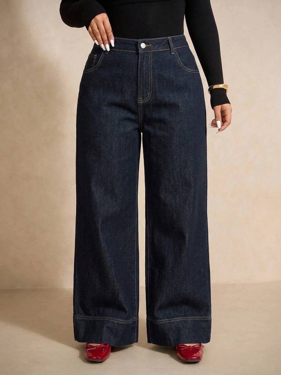 SHEIN PETITE CURVE PETITE CURVE 大码女式高腰深蓝色阔腿牛仔裤，休闲日常及街头风女式牛仔裤