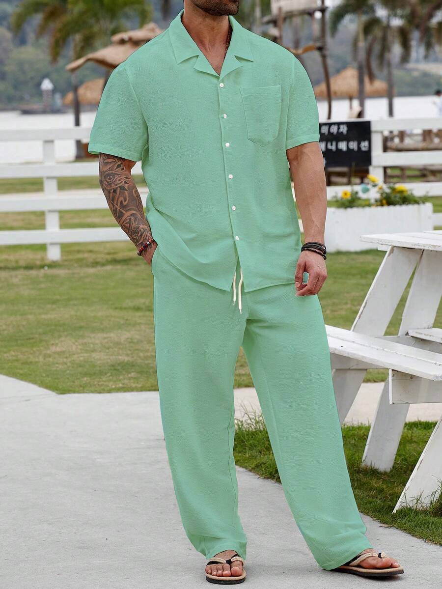 Manfinity RSRT Plus Size Men's Solid Color Short Sleeve Single-Breasted Shirt And Pants Set - Mint Green - View 1