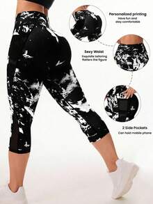 SHEIN Rhythm Era Plus Size Fashion All-Over Print Mesh Pocket 3/4 Yoga Pants - Multicolor - View 4