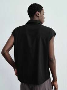 ROMWE MEN Goth Men's Solid Color Ruffle Hem Casual Versatile Daily Wear Shirt - Black - View 3