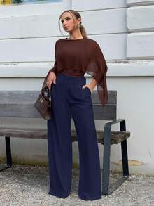 Jeta Ari Pantalones anchos de pierna ancha de color azul marino minimalistas y elegantes, adecuados para el transporte, pantalones anchos de pierna ancha de cintura alta de color azul marino y pantalones de traje de color azul marino para otoño e invierno. - Azul Marino - Ver 5