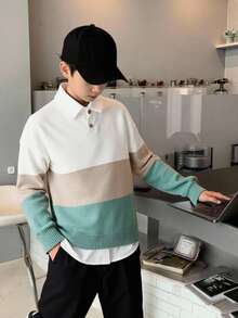 SHEIN Chico preadolescente Jersey de color combinado de hombros caídos de cuello polo - Multicolor - Ver 3