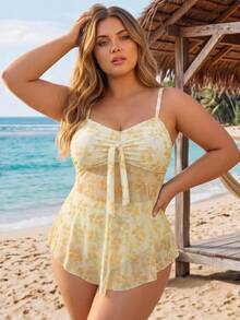 SHEIN CURVE+ Plus Size Women Floral Print Knotted Front Camisole Tankini Swimwear Set - Yellow - View 4
