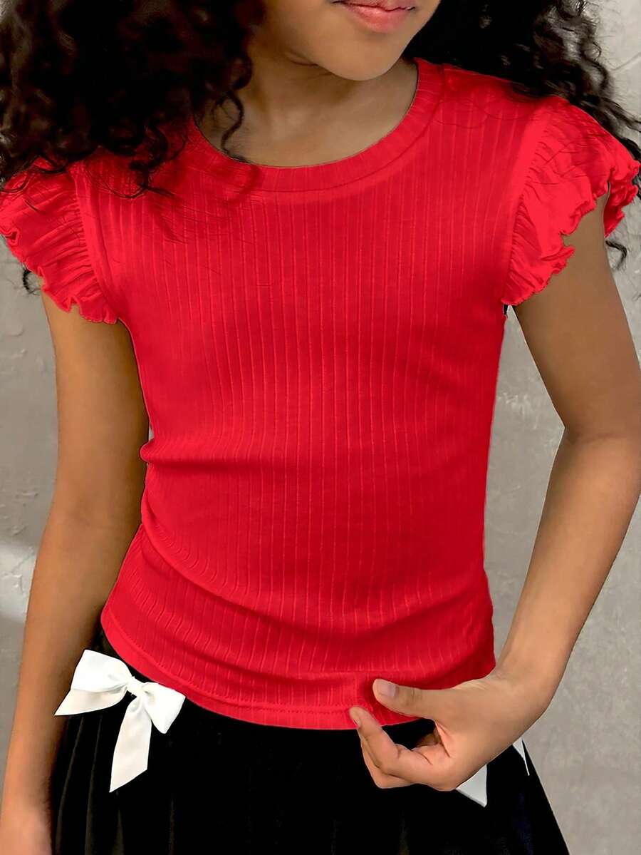 Coolane Kids Camiseta blanca sólida con volantes para niñas preadolescentes, ropa de calle de verano para vacaciones - Rojo - Ver 1