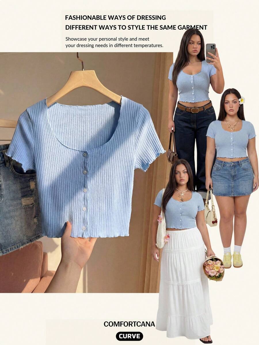 Comfortcana Camiseta básica de punto azul de manga corta, talla grande, para verano - Celeste - Ver 1