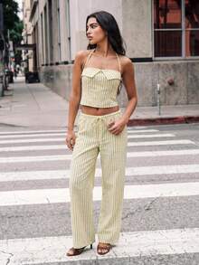 Avantive Women's Striped Halter Top And Pants Casual Coastal 2 Pieces Set Black And Cream Summer Vacation - Yellow - View 2