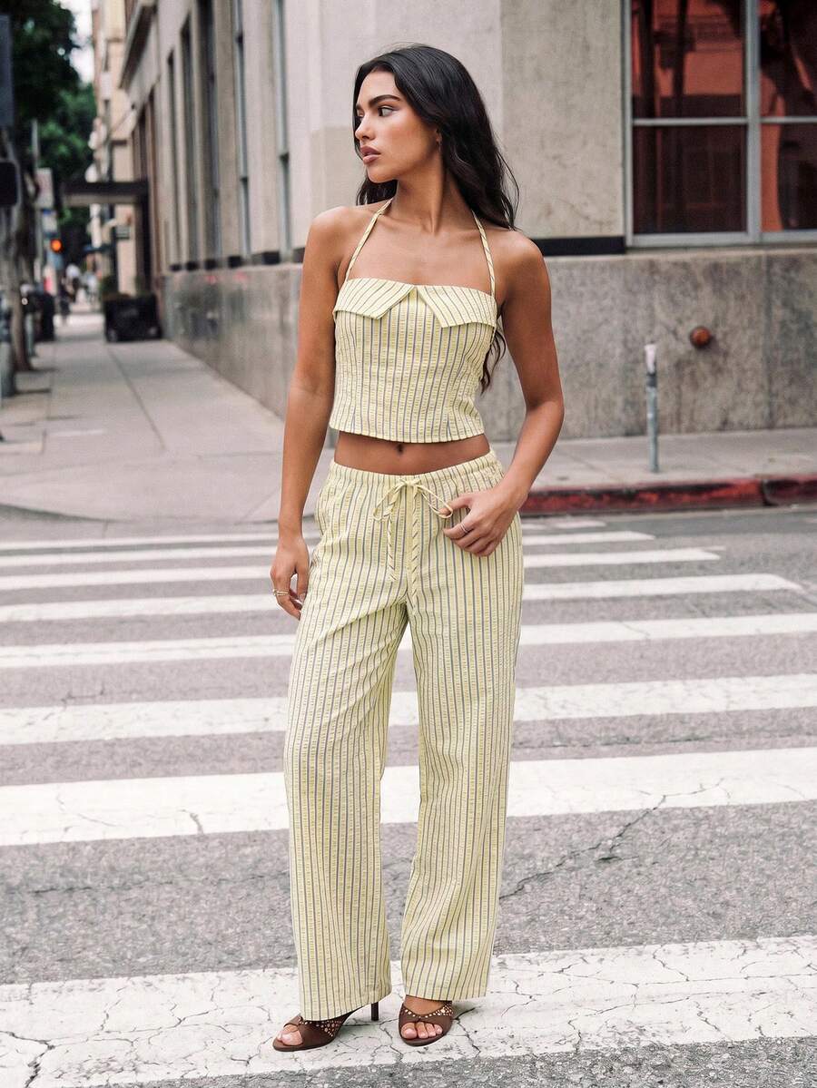 Avantive Women's Striped Halter Top And Pants Casual Coastal 2 Pieces Set Black And Cream Summer Vacation