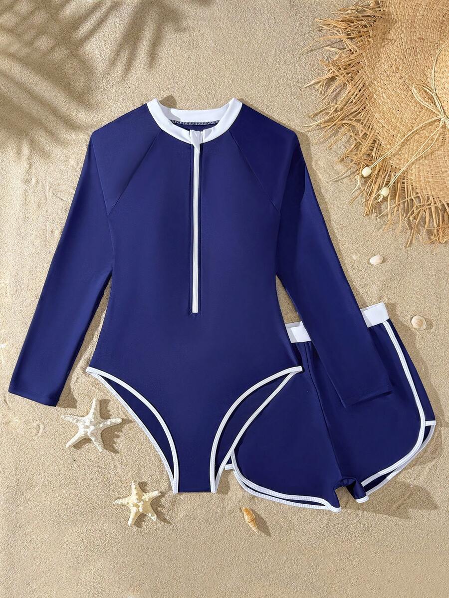 SHEIN 青少年女孩配色拼接長袖連身泳衣,適合海灘度假、泳池派對、海灘派對 - 藏蓝色 - 查看 1
