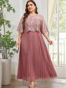 Reflora Plus Size Elegant Party Embroidered Mesh Patchwork Dress - Pink - View 11