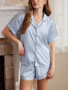 Moireta Mature Elegant Charming Contrast Color Trim Satin Lapel Front Button Short Sleeve Shorts Pajama Set For Women - Baby Blue - View 5