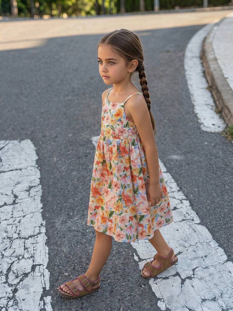 Floral Cute Strap Skirt Dress For Little Girls