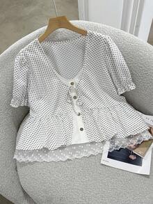 Franclia Blouse chemise décontractée polyvalente pour femme, col en V, imprimé à pois, 2 en 1, avec volants - Nude - Voir 2