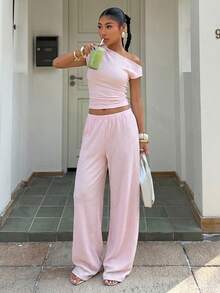 Muchica Light Pink Knit Casual Home Wear Asymmetrical Shoulder Textured Top And Pants Set,Summer Outfits For Women - Baby Pink - View 4