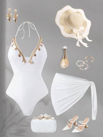 Swim Oasis Women's Beaded Textured Crochet V-Neck Halter Backless One-Piece Swimsuit & Wrap Skirt 2-Piece Set,All White,Summer,Casual,Holiday,Party,Vacation
