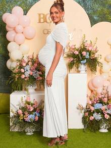 Loomaby Pregnant Women Solid Color Ruched Fishtail Hem Elegant Dress - White - View 8