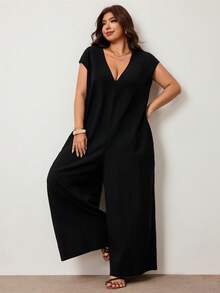 Enliva Jumpsuit Katun Hitam Ukuran Besar dengan Leher V Longgar dan Saku - Hitam - View 6