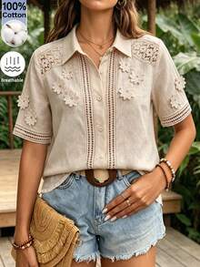 Zayélia Women's Lapel Short Sleeve Shirt, Lace Spliced Design, Button Decor, Casual Daily Commute Holiday Vacation Tops, Ladies Wear Cutout - Apricot - View 7