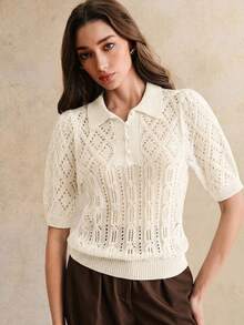 Anewsta Top tricoté vintage pour femmes avec col polo, manches bouffantes ajourées à motif floral, été - Beige - Voir 5