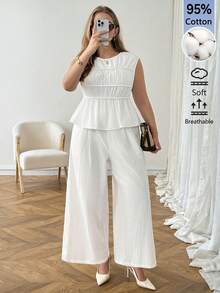 SHEIN LUNE 2pcs Plus Size Women Textured Pleated Top And Loose Casual Pants Set Vacation White Summer Formal - White - View 3