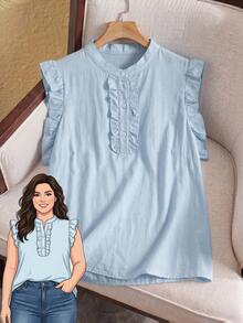 Rusticease Plus Size Women Solid Color Button Design Frill Trim Casual Elegant Blouse Formal Hiking Light Blue Summer Teachers' Day Office Evening - Blue - View 1