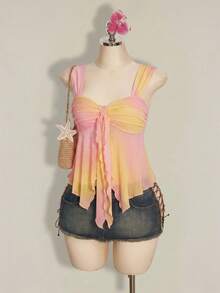 SHEIN ICON Women's Asymmetrical Ombre Mesh Ruffle Hem Camisole - Pink - View 6