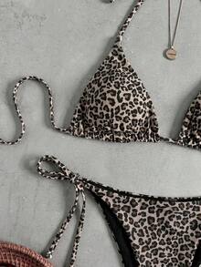 SHEIN Women's Leopard Print Halter Knotted Split Bikini Set - Multicolor - View 4