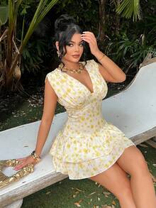 SHEIN SXY Chic Boho Cute Cottage Core Romantic Fairycore Women's Pastel Yellow Floral Short Dress Sleeveless Design Ruffled Hem Summer Brunch Vacation Tea Party - Multicolor - View 3