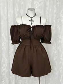 Sunspun Plus Size Summer Casual Solid Color Off-Shoulder Spaghetti Strap Romper - Brown - View 3